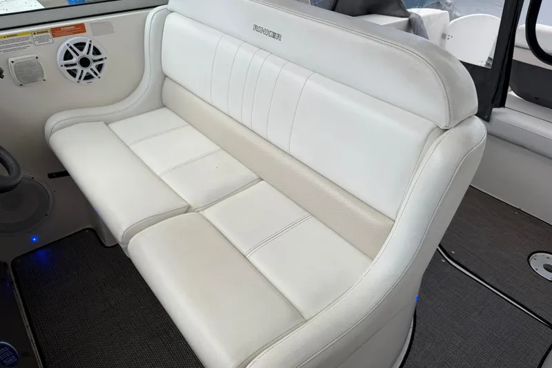 Slide: The Image of White leather seating on 2007 Rinker 370 Express Cruiser Hard Top boat interior. - 10