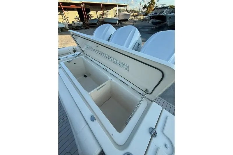 Slide: The Image of 2020 Grady-White Canyon 376 boat with triple Yamaha 425 V8 outboard engines. - 8