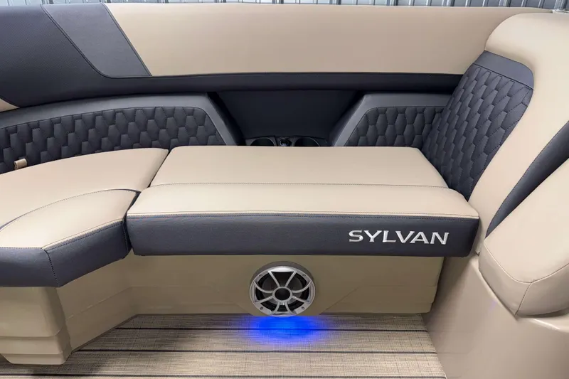 Slide: The Image of Luxurious seating in the 2026 Sylvan L3 RLZ boat with elegant design and ambient lighting. - 3