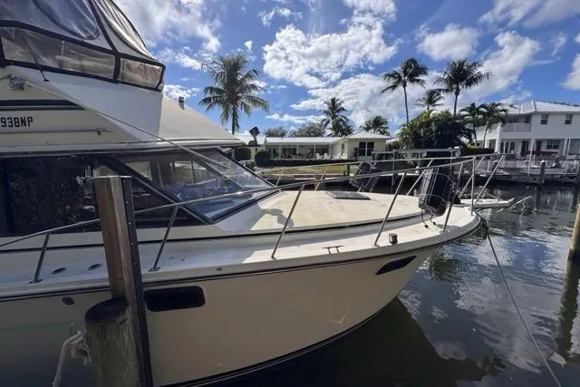 Slide: The Image of 1987 Carver 32 Aft Cabin Motor Yacht docked in sunny marina with palm trees. - 3
