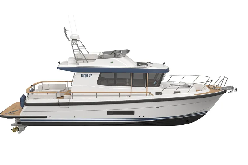 Slide: The Image of 2027 Targa TARGA 37 boat, side view, sleek design, white and blue accents. - 4