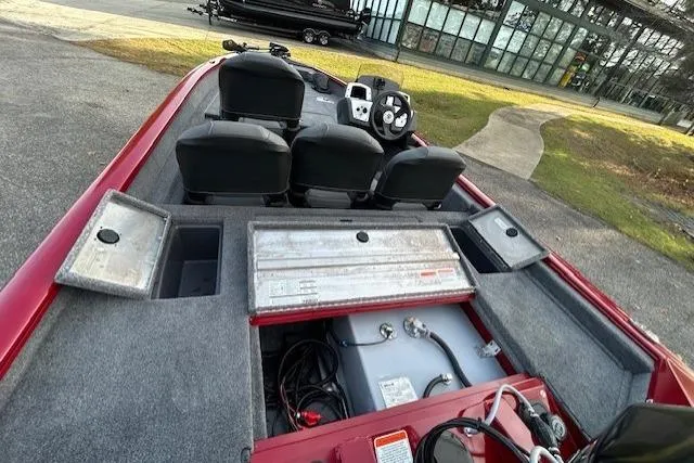 Slide: The Image of 2026 Tracker Pro Team 175 Crappie Edition boat interior with seating and storage compartments. - 52