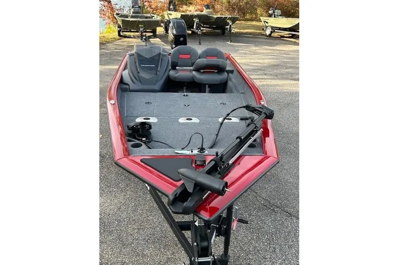 Slide: The Image of 2026 Tracker Pro Team 175 Crappie Edition boat with red trim and dual seats. - 54
