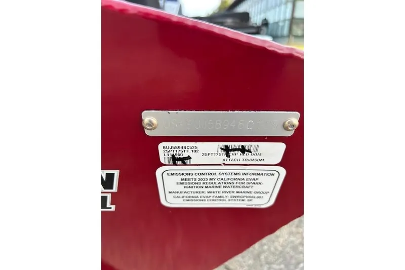 Slide: The Image of 2026 Tracker Pro Team 175 Crappie Edition boat identification and emissions label. - 60