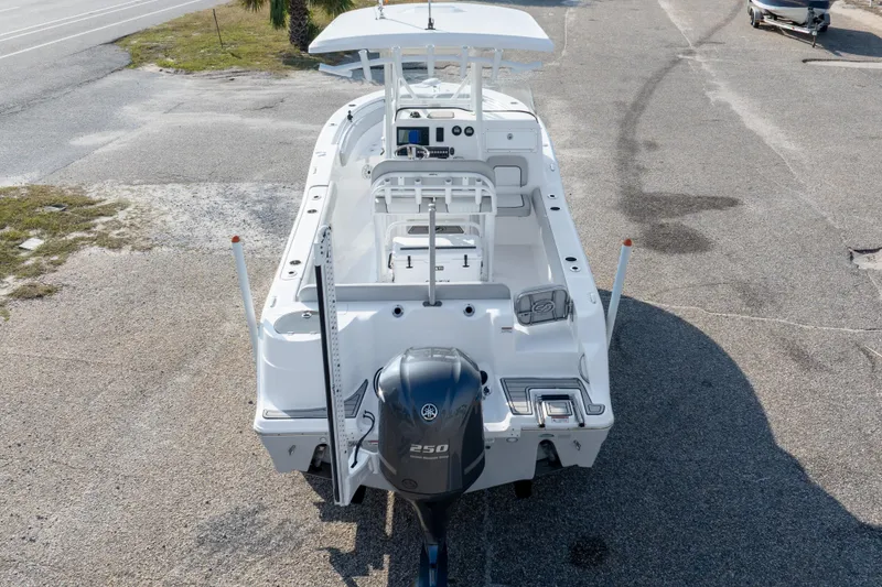 Slide: The Image of 2020 Sea Fox 249 Avenger boat with Yamaha 250 engine, viewed from the rear. - 13