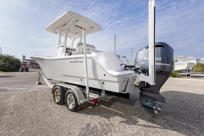 Slide: The Image of 2020 Sea Fox 249 Avenger boat on trailer with Yamaha outboard motor. - 14