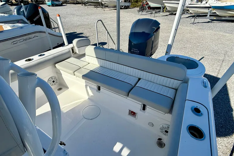 Slide: The Image of 2020 Sea Fox 249 Avenger boat interior with seating and Yamaha engine. - 32