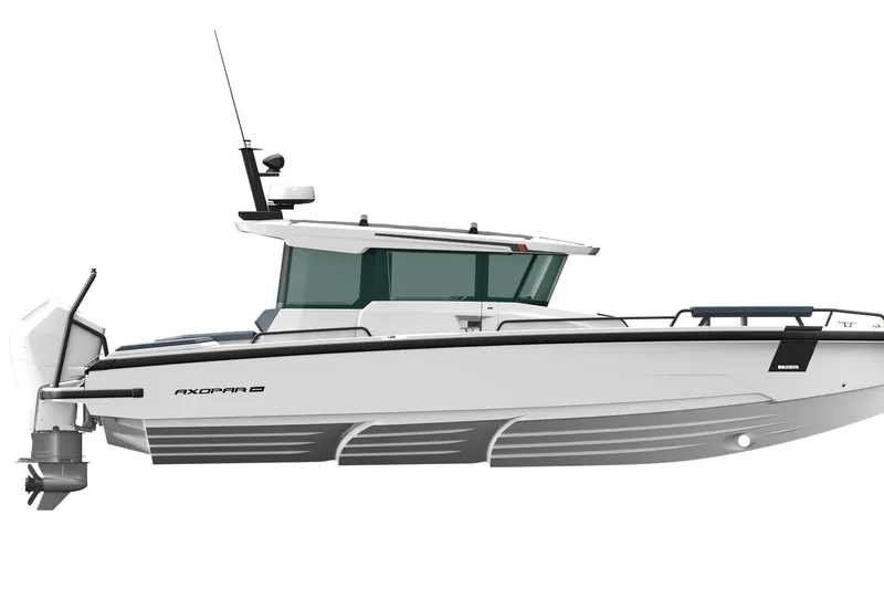 Slide: The Image of 2026 Axopar 29 XC boat, sleek design, white hull, modern cabin, outboard motor. - 8