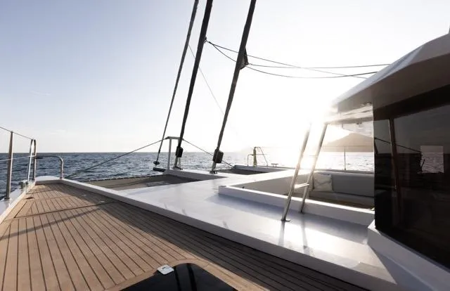 Slide: The Image of Luxurious Eyecat 55 Autumn yacht deck, 2024 model, sailing at sunset. - 15
