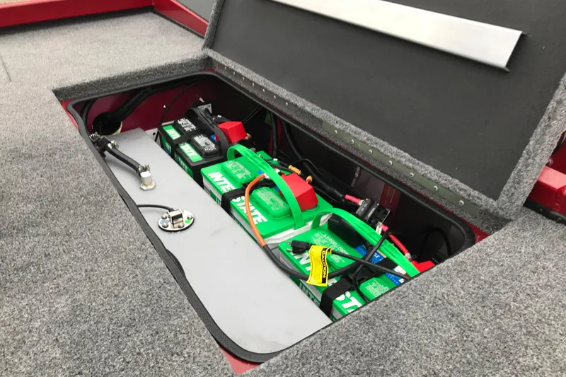 Slide: The Image of 2025 Ranger RT178 boat battery compartment with Interstate batteries and wiring. - 8