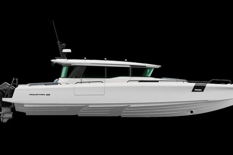 Slide: The Image of 2026 Axopar 45 XC AC Sandstone Lithium boat, sleek design, side view, black background. - 8