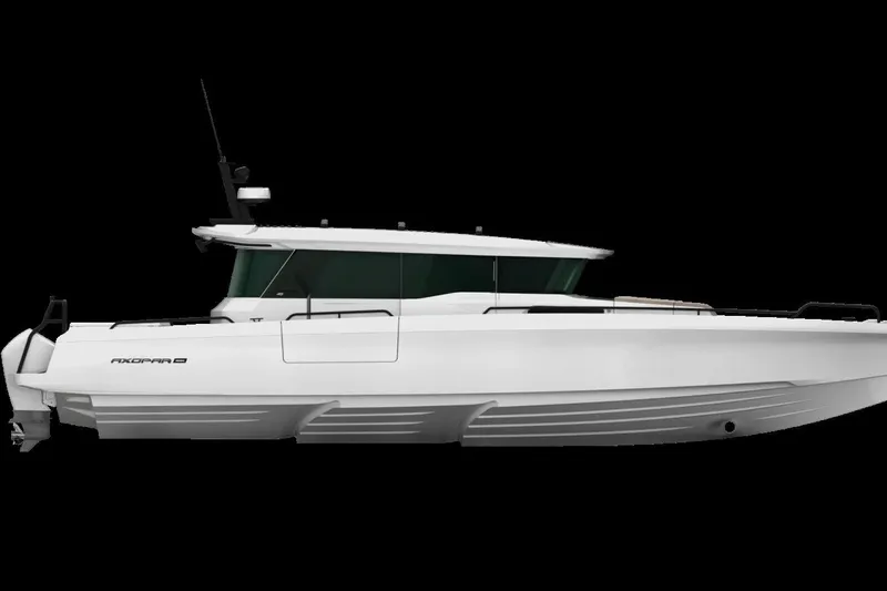 Slide: The Image of 2026 Axopar 45 XC AC Brabus Med Lithium boat, sleek white design, side view. - 9
