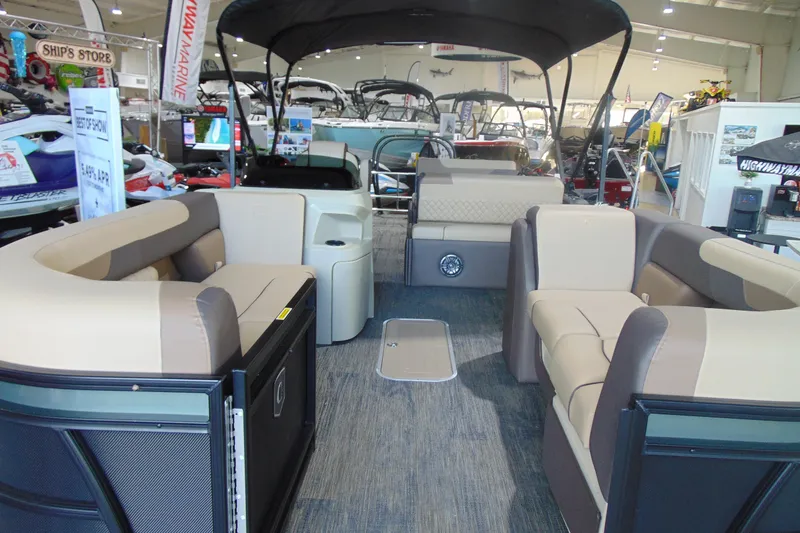 Slide: The Image of 2026 Godfrey Sweetwater 2286 DT iMPACT Tri-Toon interior with spacious seating and canopy. - 5