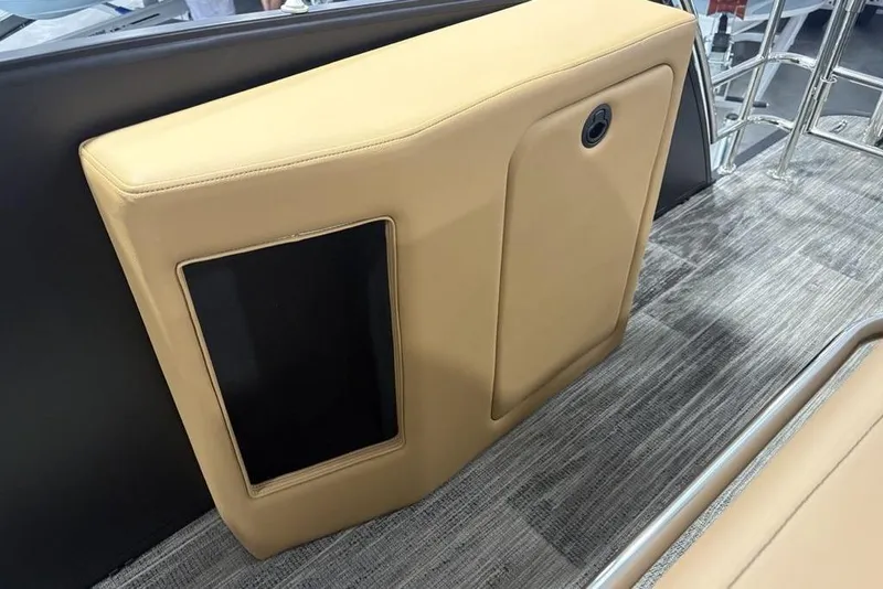 Slide: The Image of 2025 Godfrey AquaPatio 235 DFL interior detail with tan upholstery and flooring. - 30