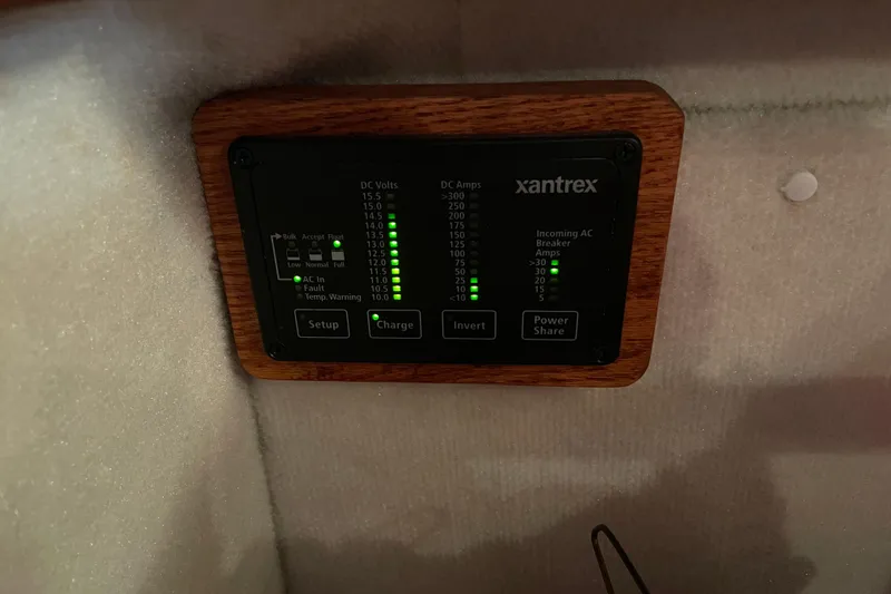 Slide: The Image of Xantrex control panel on 2010 Ranger Tugs R-29 boat, displaying voltage and amperage levels. - 29