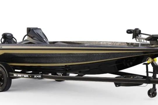 The Image of 2026 Skeeter ZXE21 boat on trailer, sleek design with black and gold accents. - 1