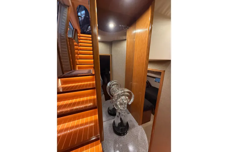 Slide: The Image of Cozy cabin interior of 2000 Northern Pacific Motor Yacht with nautical-themed bedding. - 53