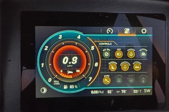 Slide: The Image of Dashboard display of 2023 Avalon Catalina Funship 2585 showing speed, controls, and settings. - 5
