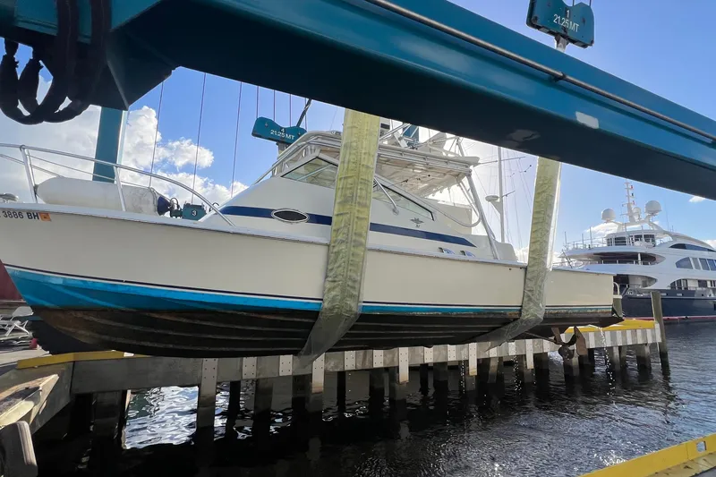 The Image of 1968 Bertram 31 Bahia Mar boat lifted at marina, clear sky background. - 1