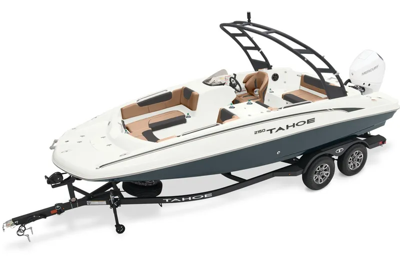 Slide: The Image of 2026 Tahoe 2150 boat interior with cushioned seating and cup holders. - 4