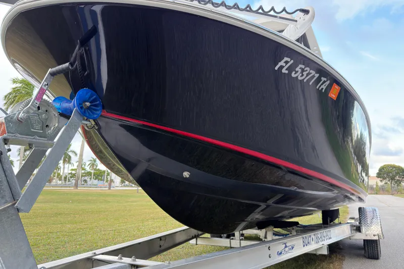 Slide: The Image of 2019 Wellcraft 241 Bay boat on trailer, parked on grass with palm trees in background. - 8