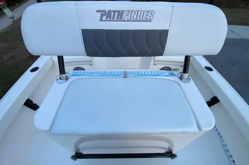 Slide: The Image of 2020 Pathfinder 2500 Hybrid boat seat with logo and measuring scale. - 49