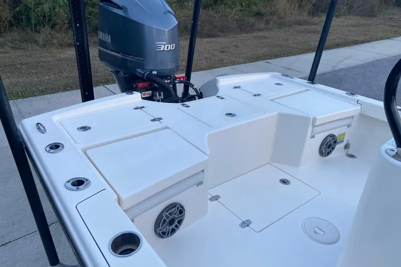 Slide: The Image of 2020 Pathfinder 2500 Hybrid boat with Yamaha 300 engine, featuring spacious deck layout. - 56