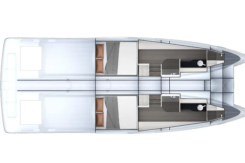 Slide: The Image of Top view layout of 2026 Dracan 42 Catamaran, featuring cabins and bathrooms. - 20