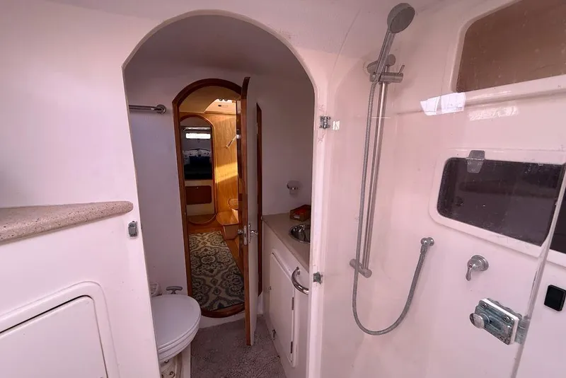 Slide: The Image of Interior of 2006 Island Spirit 401 yacht, featuring bathroom and shower area. - 37