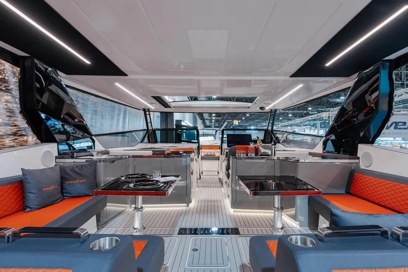 Slide: The Image of Luxurious interior of 2026 Dracan 42 Catamaran with modern seating and sleek design. - 17