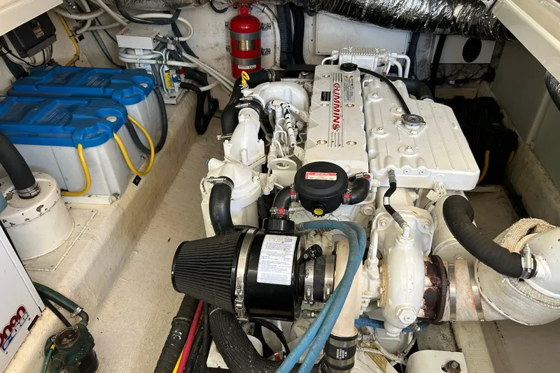 Slide: The Image of Close-up of a Cummins engine in a 2008 Back Cove 33 boat. - 38