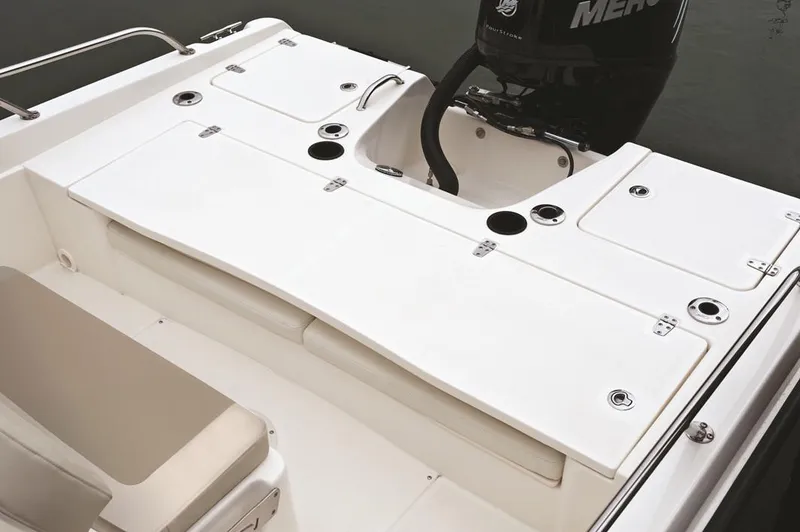 Slide: The Image of Manufacturer Provided Image: 2021 Boston Whaler 180 Dauntless boat deck with Mercury outboard motor. - 10