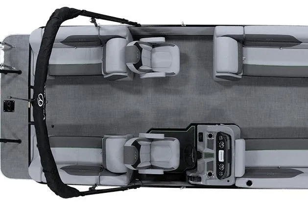 Slide: The Image of 2025 Veranda VR22RC Tri-Toon boat interior with gray seating and modern console. - 5