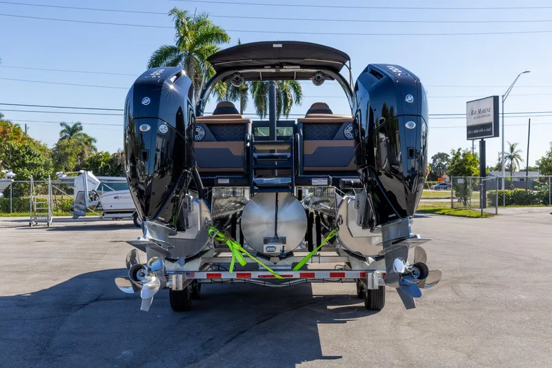 Slide: The Image of 2026 Viaggio Diamante UWA boat with dual outboard motors on a trailer. - 19