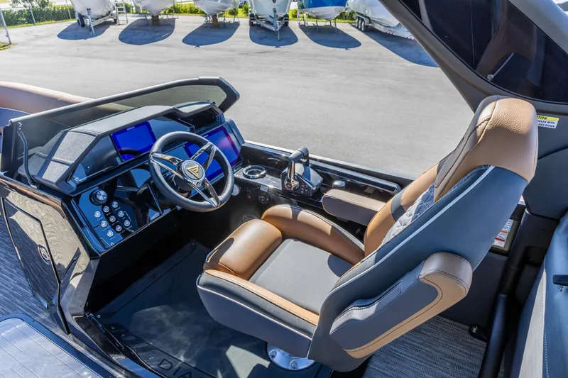 Slide: The Image of Luxurious cockpit of 2026 Viaggio Diamante UWA boat with modern controls and comfortable seating. - 2