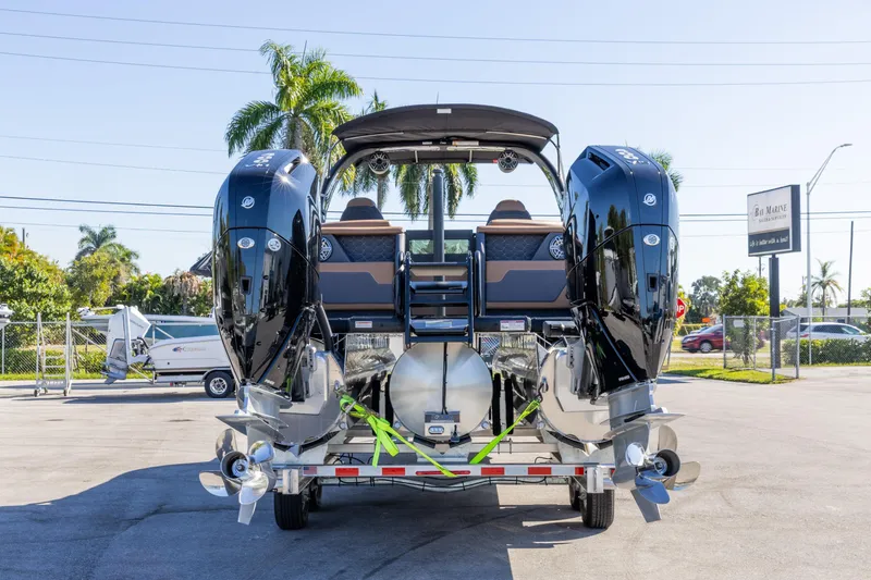 Slide: The Image of 2026 Viaggio Diamante UWA boat with dual outboard motors on a trailer. - 20