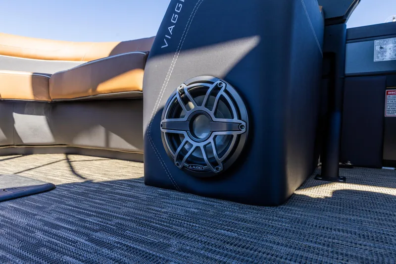 Slide: The Image of Viaggio Diamante UWA 2026 boat interior with speaker and seating detail. - 7