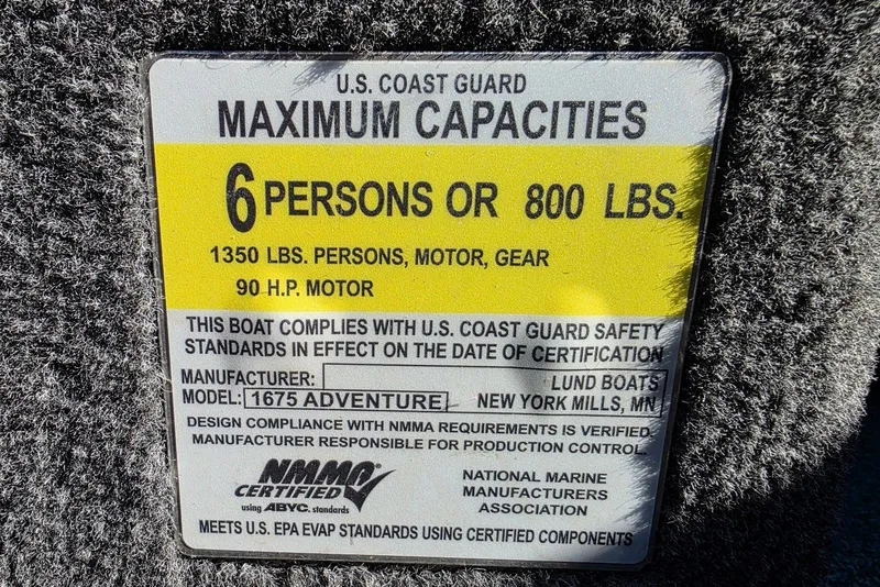 Slide: The Image of 2022 Lund 1675 Adventure SS capacity label, 6 persons or 800 lbs, 90 HP motor. - 22