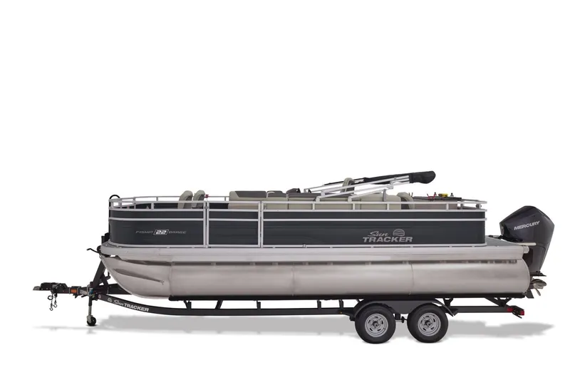 Slide: The Image of 2026 Sun Tracker Fishin' Barge 22 XP3 interior with red paneling and seating. - 11