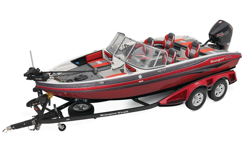 The Image of 2026 Ranger 1850MS boat on trailer, red and black design, parked outdoors. - 0