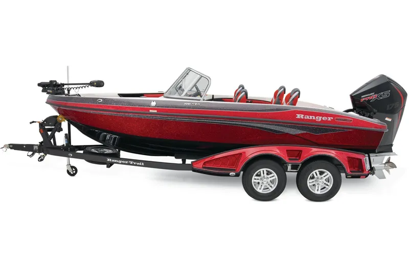 Slide: The Image of 2026 Ranger 1850MS boat on trailer, parked outdoors, showcasing sleek design and maroon color. - 2