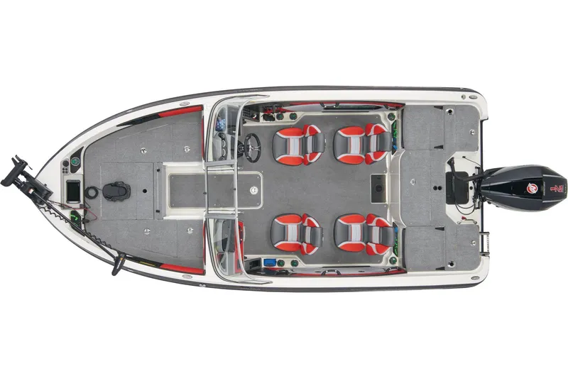 Slide: The Image of 2026 Ranger 1850MS boat interior with seating and windshield, parked by a brick wall. - 5