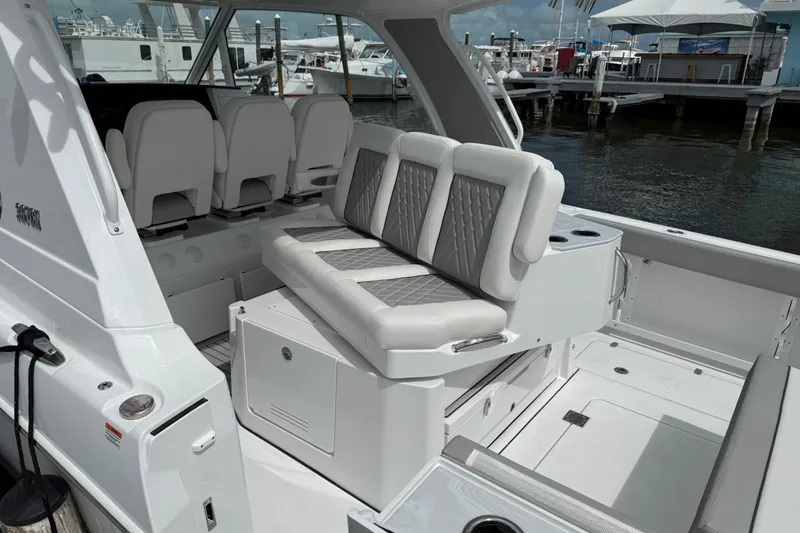 Slide: The Image of 2026 Everglades 367 CX boat interior with luxurious seating and modern design. - 31