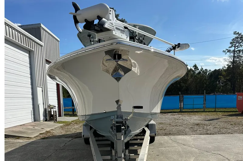Slide: The Image of 2022 Sea Hunt Gamefish 30 Coffin Box boat on trailer, front view. - 10