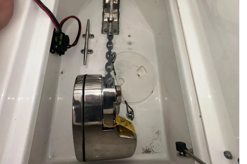 Slide: The Image of 2022 Sea Hunt Gamefish 30 Coffin Box interior with anchor chain and wiring. - 11