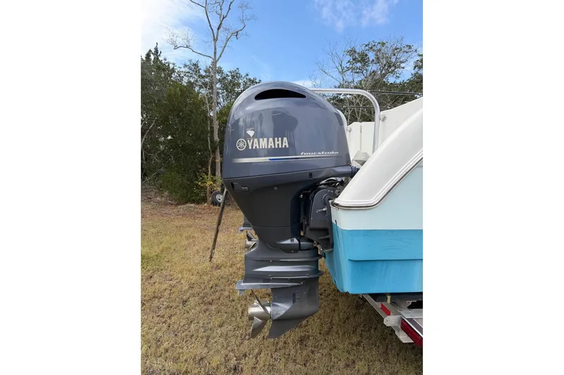 Slide: The Image of 2017 World Cat Glacier Bay Edition 2740 with Yamaha outboard motor, parked on grass. - 62