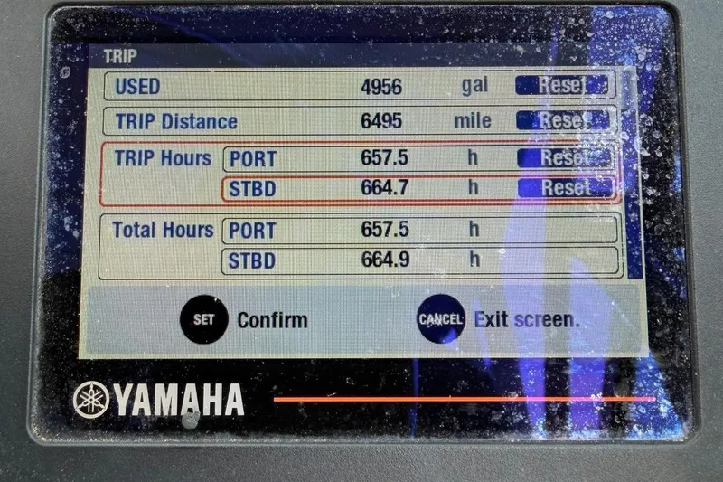 Slide: The Image of Yamaha display showing trip data for 2017 World Cat Glacier Bay Edition 2740 Dual Console. - 69