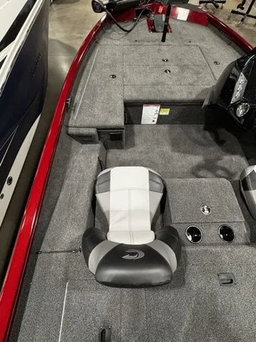 Slide: The Image of 2025 Crestliner XFC 179 boat interior with gray seating and red accents. - 7