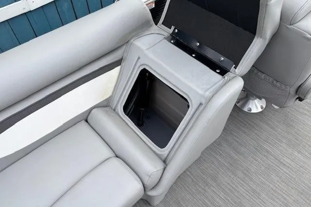 Slide: The Image of 2022 Bennington S 22 Quad Bench with open storage compartment, gray upholstery. - 27