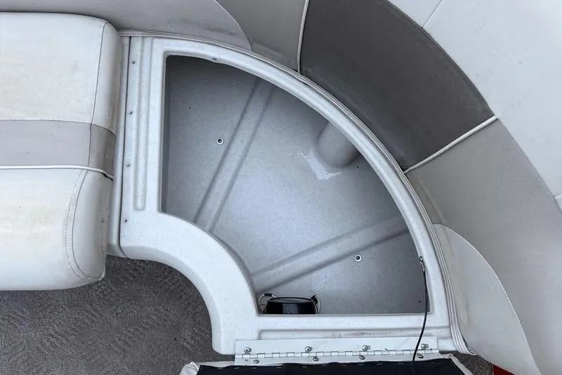 Slide: The Image of 2014 JC NepToon 24 Limited pontoon boat on trailer, red and silver design. - 11